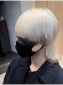 メンズロングウルフカット×ホワイトブロンドカラー