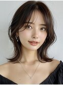 デザインカラーレイヤーカットウェットヘアオリーブベージュ白髪