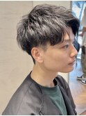 ブルーブラックフェザーパーマ東京銀座短髪mensショート白髪染め