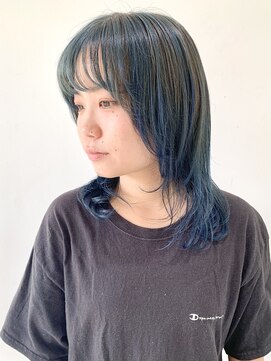 【FOLK】透明感バレイヤージュ青髪☆似合わせストレートウルフ♪