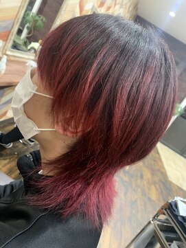 ココカラ(Kokokala) #ウルフ　#カット　#赤　#裾カラー　#デザインカラー