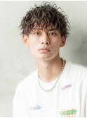 メンズマッシュ波巻きパーマダークアッシュ束感ショートウルフ