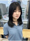 顔まわりカット/レイヤーカット/韓国/ロングセミディ/グレージュ