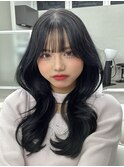 小顔 ロング レイヤーカット ハッシュカット ブルーブラック