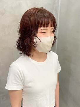 テトヘアー(teto hair) パーマ ミディアム レイヤー 暖色 オレンジ 赤 ピンク