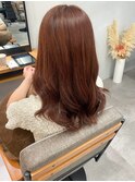 暖色カラーピンクベージュ＊コテ巻きセミロングテラコッタカラー