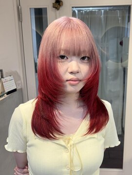 テトラ バイ ネオリーブ 横浜西口店(tetra by neolive) ピンク×レッド デザイン ケアブリーチ レイヤーカット 横浜★