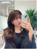 小顔薄めバンググレージュレイヤーロング前髪パーマ黒髪