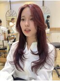 ブリーチなしカラーワインレッドチェリーレッド赤髪レイヤーヘア