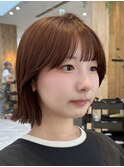 韓国ボブくびれボブ外ハネオレンジカラー暖色艶髪髪質改善