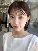 切りっぱなしボブチェリーブラウンミニウルフ前髪縮毛矯正表参道