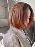 暖色ハイライトひし形レイヤーボブデザインサイドポニーテール