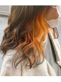 インナーカラービビッドオレンジ＊クセ毛風パーマ＊20代30代