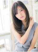 mod's姪浜/斜めバングくすみベージュ前下がりレイヤーロングi