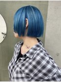 ワンレン ボブ  水色 ブルー ブリーチ