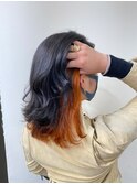 インナーカラー★オレンジ×全体はクールアッシュな暗髪で