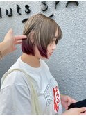 チェリーピンクエンドカラー×くすみカラー丸み切りっぱなしボブ