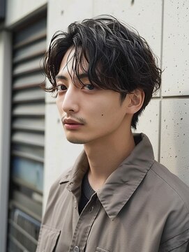 サニー 西中島店(sunny.) 刈り上げセンターパート/ブルーブラック/フェザーパーマ