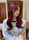 ワインレッド×韓国風ウェーブ巻き/ダブルカラー/暖色