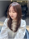 ミルクティーピンクベージュ/レイヤー/韓国巻き/顔周りカット