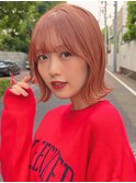 熊本　ピンクオレンジカラー　くびれボブ　顔まわりカット