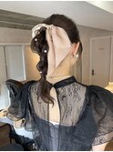 ゆるふわ編みおろしポニーリボンパール結婚式ヘアアレンジ美髪