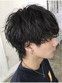 原宿緩めツイストスパイラルパーマメンズカットマッシュウルフ