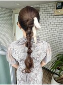 編みポニー　編みおろし　ポニーテール　オシャレ　ベロアリボン