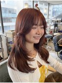 小顔ロングレイヤー×オレンジレッド