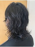 ブリーチなしカラー夏ウルフパーマ暗髪ミディアム