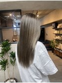 バレイヤージュ、ハイライト、レイヤーロング、グレーベージュ