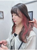 大人かわいいうる艶インナーカラー 秋カラー ピンク レッド