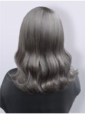大人可愛いダークグレージュブリーチなし透明感外ハネロング