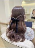 ベロアリボン　ハーフアップ　ねじりハーフアップ