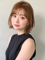 大人かわいいコテ風パーマボブルフ小顔カット薄めバング外ハネ＊