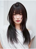 顔周りレイヤーロング黒髪韓国ヘア_F21252