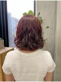 パーマ　ミディアム　レイヤー　暖色　オレンジ　赤　ピンク