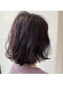 暗髪ピンクパープルカラー ふんわりボブパーマ