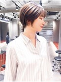 ミニウルフチェリーブラウンブリーチなしショートボブ前髪/柏柏