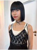 アッシュネイビー ストレート フルバング ブリーチなしカラー