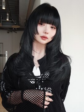 ロング前髪カット暗めカラー韓国ヘア顔周りレイヤー_F31006