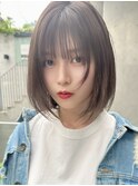 ワンレンボブ　大人かわいいシースルーバング　ココアブラウン