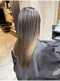 バレイヤージュ、ハイライト、レイヤーロング、グレーベージュ