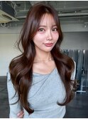 ロング顔周りレイヤー韓国ヘアココアベージュ_F21184