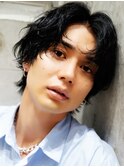 色っぽ黒髪マッシュウルフセンターパート メンズパーマ 下北沢