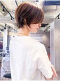 ミニウルフチェリーブラウンブリーチなしショートボブ前髪/柏柏
