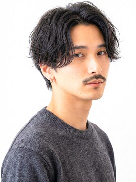 フェザーパーマ/メンズウルフ/センターパート/ニュアンスパーマ