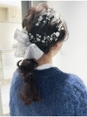 ◯ポニーテールシニヨン編み込み着物ドレスヘアハープアップ