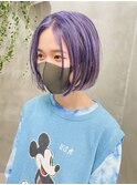 ワンレン　切りっぱなし　ミニボブ　パープル　バイオレット