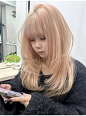 オレンジベージュ×レイヤースタイル/ブリーチ